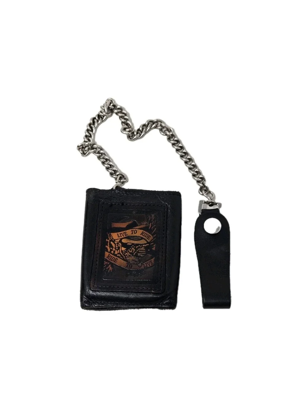 VTG Biker Trifold Wallet with Chain Black & Brown Tooled Leather Live To Ride